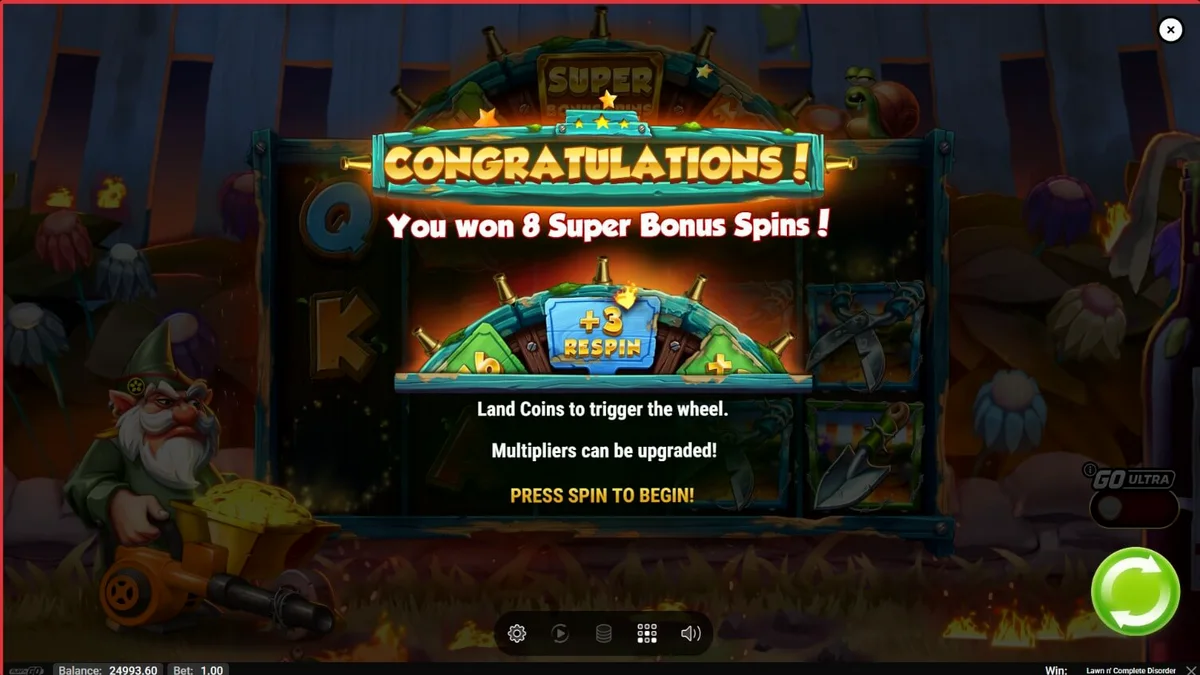 Tampilan visual gnome di tengah kekacauan taman dalam slot Lawn N’ Complete Disorder