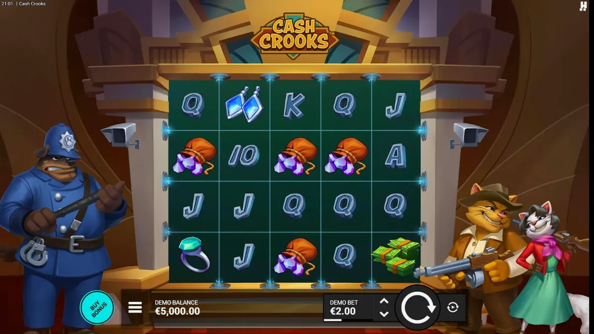 Tampilan visual slot Cash Crooks dengan tema noir kucing pencuri